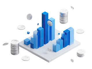 Isometric illustration features a digital design with blue bars and silver coin elements