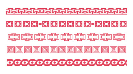Chinese Style Border Line Collection with Traditional Decorative Patterns. Classic Chinese Frame Elements, Geometric Ornament Lines, and Red Maze Style Motifs for Packaging Design.