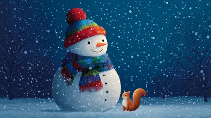 Fototapeta premium Colorful snowman wearing a vibrant hat and scarf stands in a snowy landscape, accompanied by a curious squirrel, creating a whimsical winter scene illustration