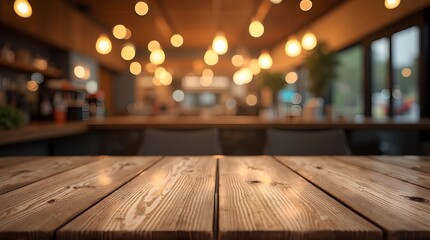 Rustic wooden table top with warm bokeh lights background in a blurred cafe, restaurant, or bar setting. Empty surface for product display or mock-up.
