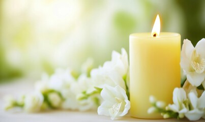 Candle flame with white flowers and soft green background in warm tone