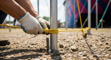 Footage capturing the intricate process of securing festival tent poles with tension ropes on uneven outdoor terrain with gravel.