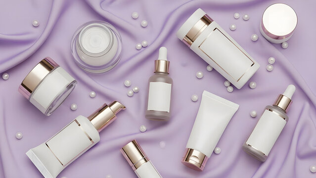 Luxury skincare products arranged on a soft lavender silk fabric with pearls