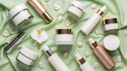 Obraz premium Curated collection of luxury skincare and beauty essentials gracefully arranged on a soft green fabric