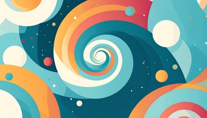 A vibrant, abstract backdrop features spirals and circles in a retro color palette, against a deep teal background