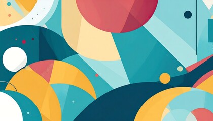 A vibrant abstract backdrop featuring layered circles and semi-circles in hues of blue, yellow, and coral