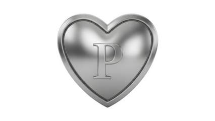 Silver heart shaped object with a letter p isolated on transparent background