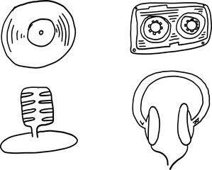 Doodle vector icons on a musical theme, including a vinyl record, cassette tape, microphone, and headphones. Hand-drawn, playful illustrations for music apps, event posters