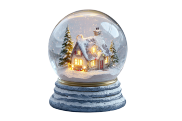 A charming winter scene within a snow globe, with a cozy house amidst snowy pines