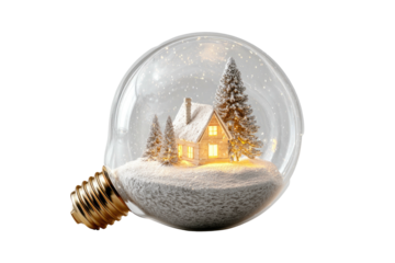 A cozy winter scene captured within a giant glass lightbulb, featuring a snowy house