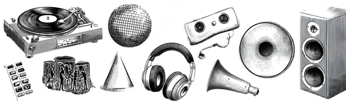 A grayscale montage featuring DJ and sound equipment, including a turntable, speakers, headphones and other items