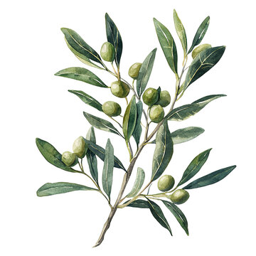 Ilustraci&oacute;n estilo acuarela de una rama de olivo con hojas verdes y aceitunas negras sobre fondo blanco.