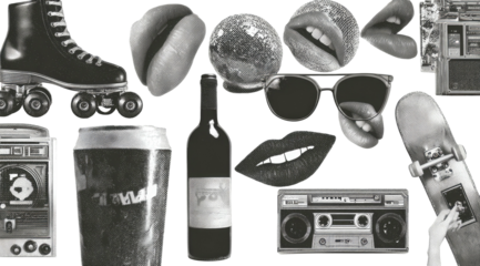 Black and white collage featuring pop culture elements