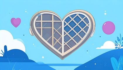 A heart-shaped window with one clear pane and one frosted pane, on a whimsical, blue backdrop with hills and clouds