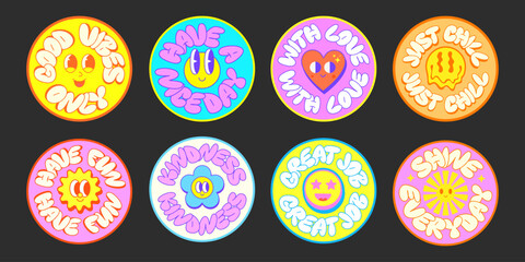 Cool Cartoon Funny Character Stickers Set Vector Design. Groovy Pop Art Funky Patches. Y2k Badges.
