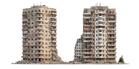 Two damaged, multi-story buildings, reduced to rubble at the base, against a black background