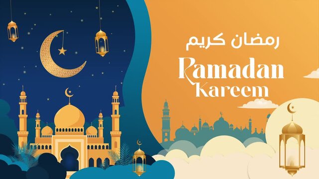 Golden Ramadan Kareem Animation with Crescent Moon, Lantern, Mosque and Mandala