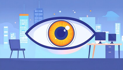 A large eye looms over a cityscape visible through an office. Chair and computers stand within the space