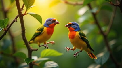 Vibrant Pair of Exotic Birds Perched on Green Branches Bathed in Golden Sunlight