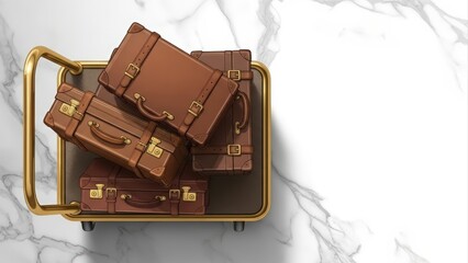 Vintage suitcases stacked on a golden luggage cart on a white marble floor, top-down view.