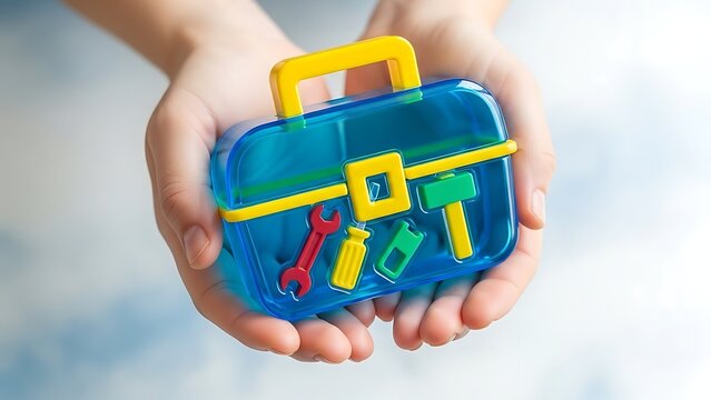 Hands holding a small blue toy toolbox with colorful tools inside