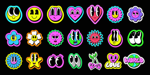 Cool Groovy Character Cartoon Faces Stickers Vector Set. Collection Of Funny Funky Emoticons.