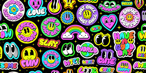 Cool Groovy Stickers Collage Vector Design. Trendy Y2k Patches Pattern Background. Set Of Funny Funky Retro Pop Art Badges.