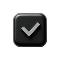 A 3D rendered, square, dark gray icon featuring a centered, stylized silver checkmark