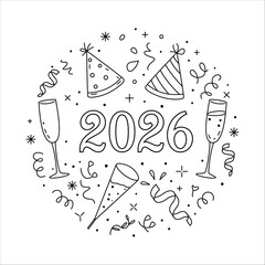 Minimal hand drawn line art illustration of champagne glasses and festive elements for New Year 2026 celebration. Clean black and white outline style vector file.