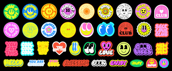 Set Of Retro Funky Stickers. Collection Of Groovy Funny Characters. Y2k Badges Pop Art Vector Design. Cool Trendy Labels.
