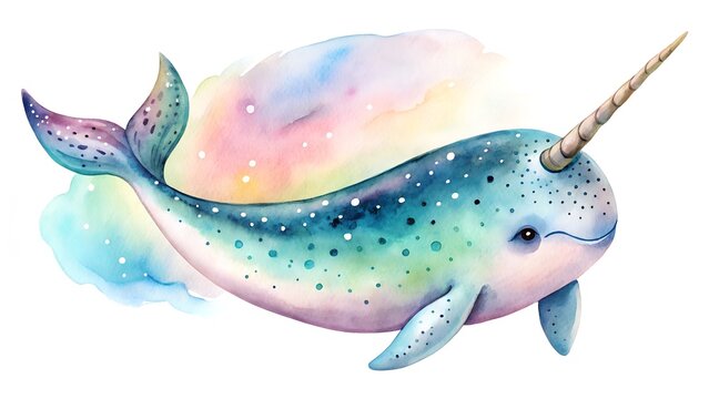Whimsical watercolor narwhal illustration with pastel colors