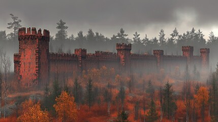 Misty autumnal forest scene with a large, ancient, red brick castle