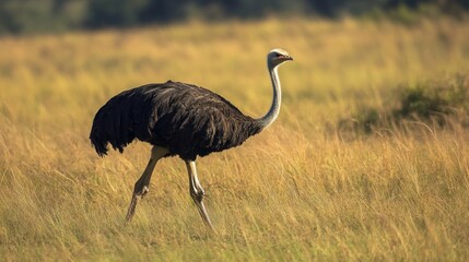 Wild African Ostrich (Struthio camelus) walking through sunlit golden tall grass in its natural savanna habitat.