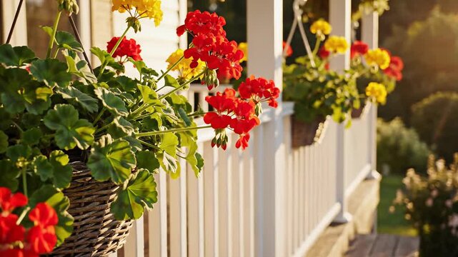 Vibrant geraniums adorning a white railing bathed in golden sunlight