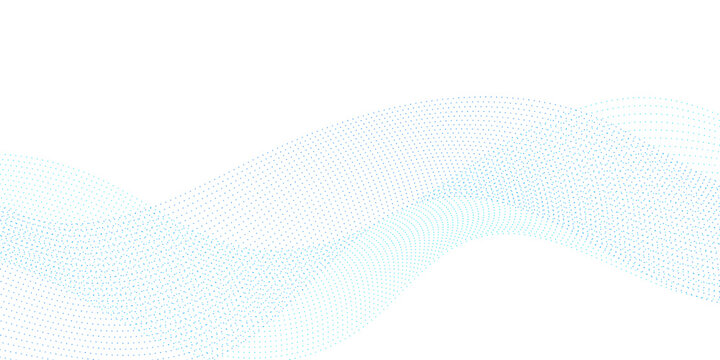 Abstract digital dotted wave with blue particle flow on white background, minimalist vector illustration representing technology, science, and big data visual harmony