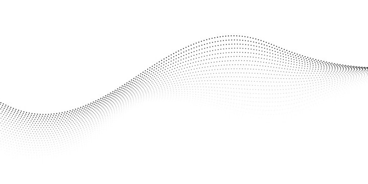 Modern minimal abstract dotted wave on white background, smooth gray particle flow illustration inspired by digital data, technology, science, and big data visualization