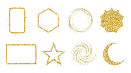 Golden geometric shapes and celestial forms including stars and a crescent moon on transparent background