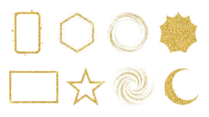 Golden geometric shapes and celestial forms including stars and a crescent moon on transparent background
