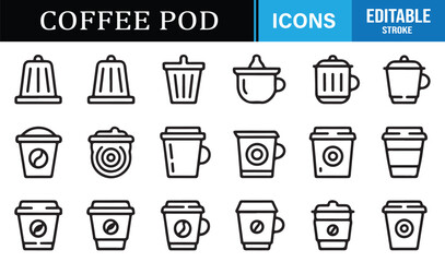 Coffee pod and capsule outline icons set