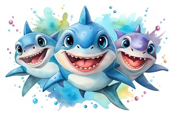 Three smiling cartoon sharks with watercolor background