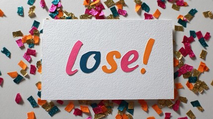 Lose!" on card surrounded by confetti, bright colors, playful