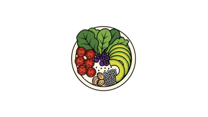 Colorful illustration of assorted fruits and greens on a plate isolated on transparent background