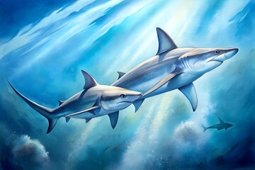 Naklejka premium Two gray reef sharks swimming in ocean currents