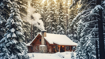 charming wooden log cabin surrounded by snow laden fir trees in dense winter forest with chimney smoke gently rising and warm light emanating from windows creating peaceful serene rural getaway