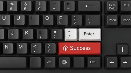 Closeup of computer keyboard with red success button on white background