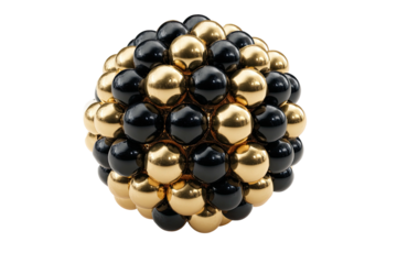 Sphere formed with gold and black spheres, floating against a black backdrop, reflecting light