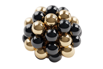 A spherical arrangement composed of shiny, reflective golden and black spheres against a black backdrop