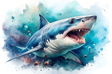 A fierce shark with open mouth and sharp teeth swimming in ocean water