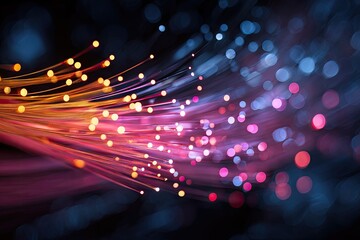Abstract depiction of luminous fiber optic strands with colorful bokeh effects against a dark background
