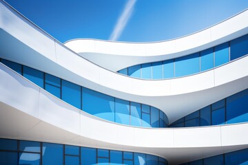 White futuristic building with curved walls and blue windows reflecting the sky on a sunny day